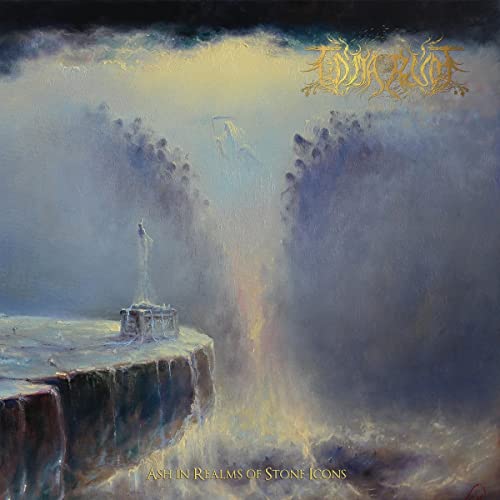Oil painting of a cliff edge with a chest, misty abyss, and ghostly figure.