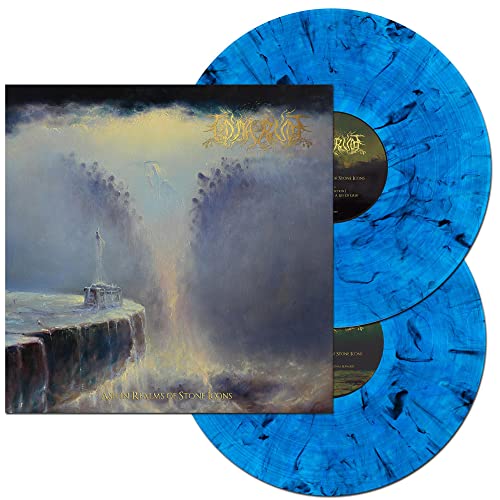 Album cover art next to two blue and black marbled vinyl records.