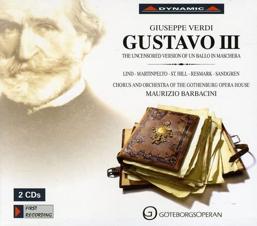 CD cover for Verdi’s “Gustavo III” featuring a portrait and book.