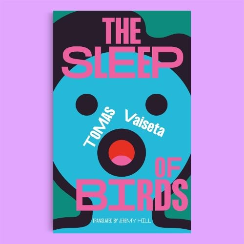 Book cover: abstract blue face with text, “The Sleep of Birds” by Tomas Vaiseta.