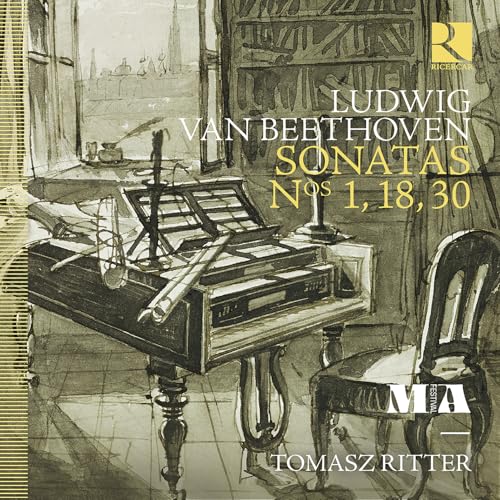 CD cover featuring a sketch of a piano and chair, Beethoven sonatas.