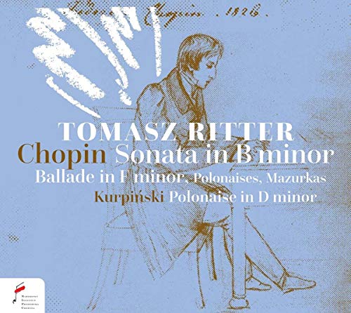 CD cover featuring a sketched portrait of Frédéric Chopin and musical text.