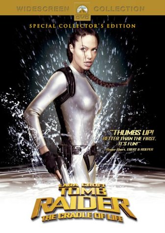 Angelina Jolie as Lara Croft in a silver wetsuit surrounded by splashing water.