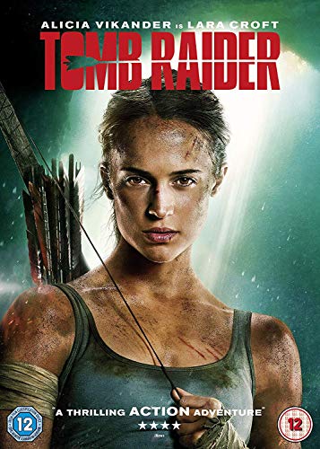 Tomb Raider" DVD cover featuring Alicia Vikander as Lara Croft with a bow.