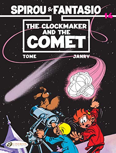 Comic book cover featuring Spirou, Fantasio, and a comet with a clock.