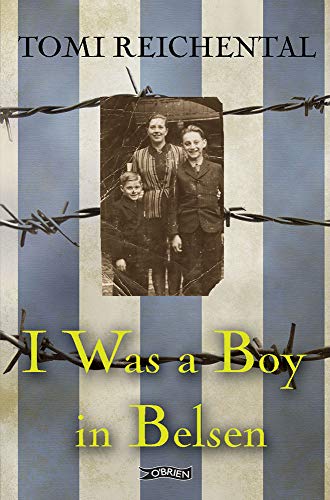 Book cover: "I Was a Boy in Belsen" with barbed wire and children’s photo.
