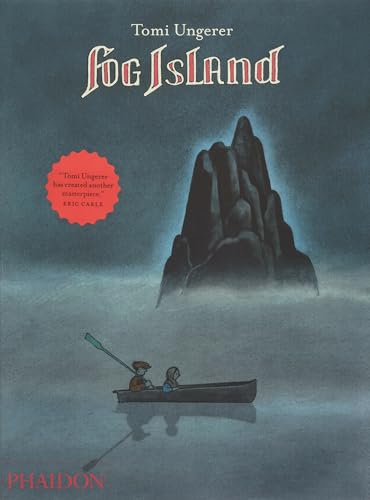Book cover: foggy island with a small boat and two figures.
