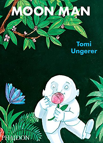 A white Moon Man character smells a pink rose in a dark, leafy garden.