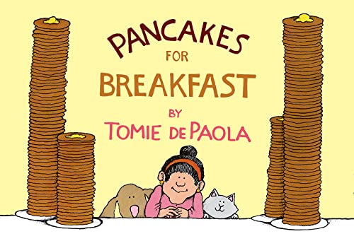 Book cover: stacks of pancakes with a girl, dog, and cat.
