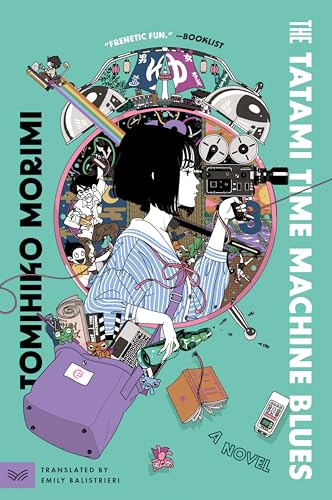 Book cover: woman with camera, colorful Japanese-inspired illustration, time travel theme.
