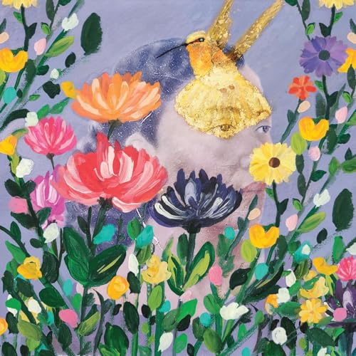 Painted album cover with a face obscured by flowers and a hummingbird.