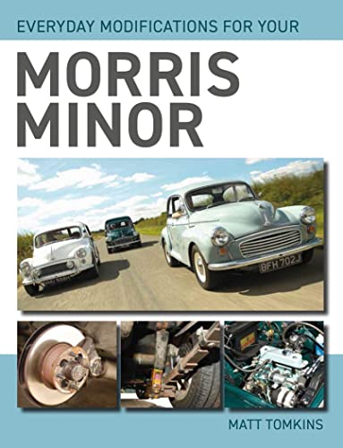 Book cover showing Morris Minor cars on a road with close-up mechanical component photos.