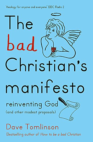 Book cover with red and blue text, a cartoon angel, and a scroll.