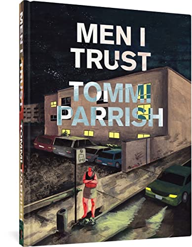 Book cover for “Men I Trust” by Tommi Parrish, illustrated building scene.