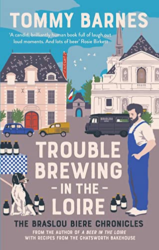 Book cover: illustrated French town, man with beer, dog, and title text.