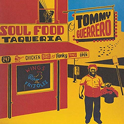 Illustrated album cover showing a man standing outside a Soul Food Taqueria restaurant.