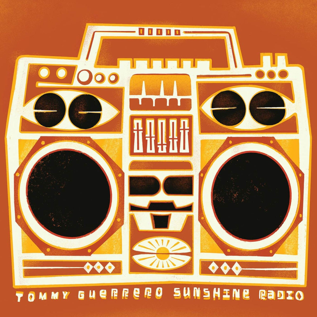 Retro boombox illustration with orange and brown tones, text “Tommy Guerrero Sunshine Radio”.