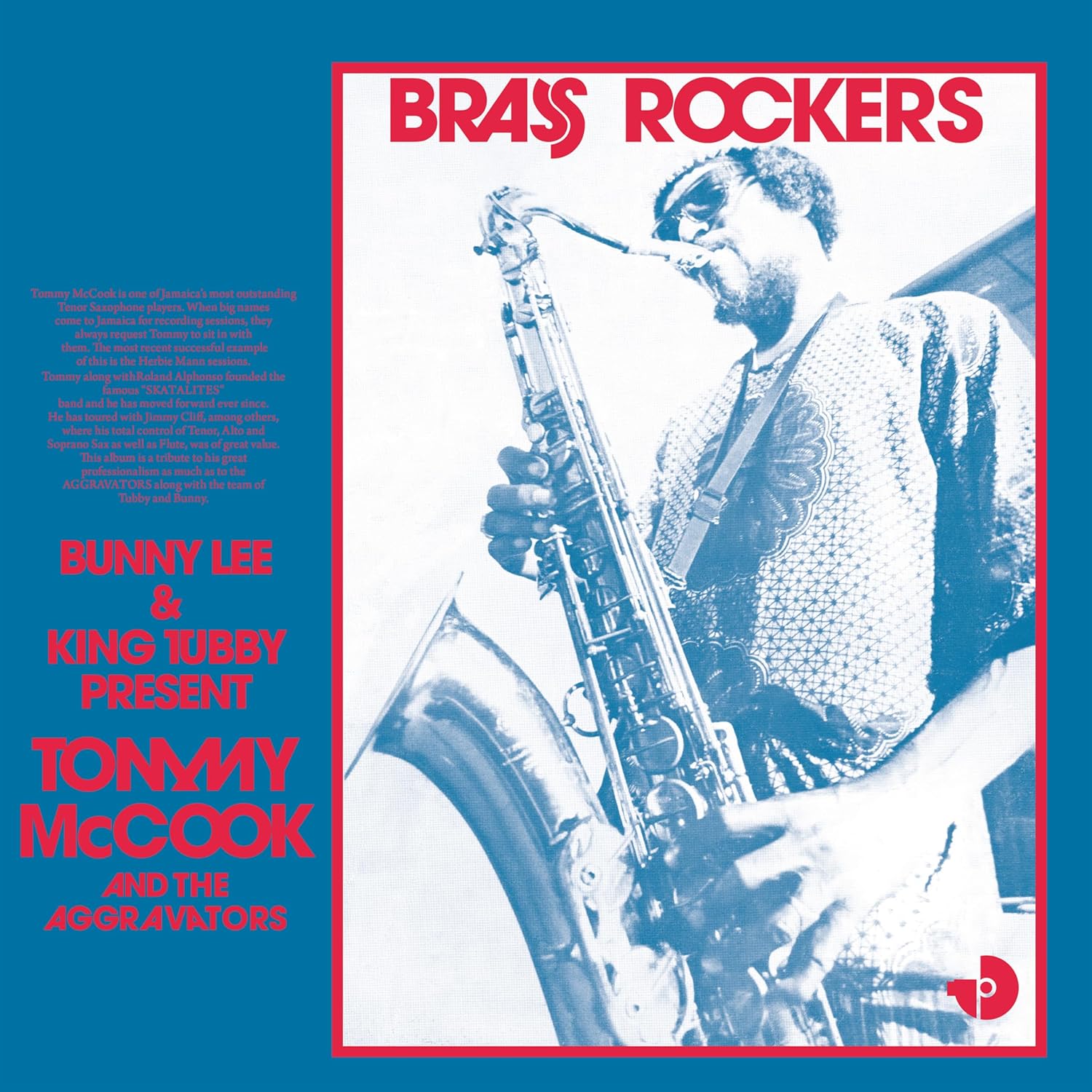 Album cover: Tommy McCook playing saxophone, red and turquoise design.