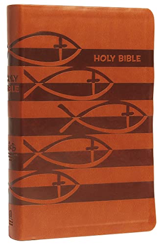 Brown leathersoft Bible with repeated fish and cross symbols.
