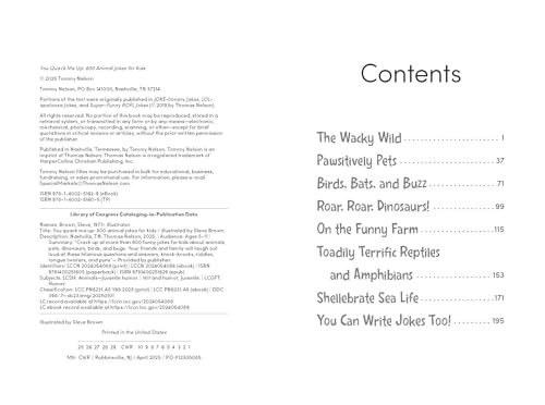Book contents page listing animal joke categories: "The Wacky Wild," "Pawstively Pets.