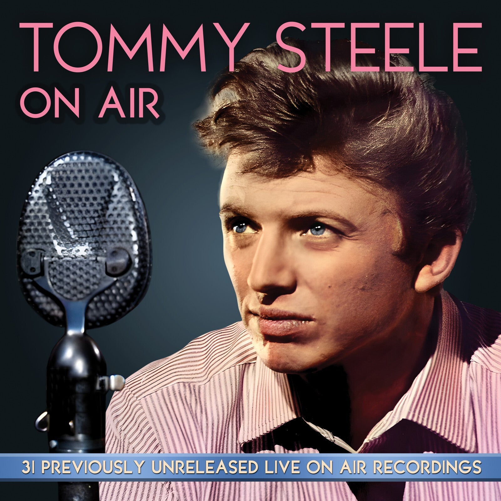 Tommy Steele looking toward a vintage microphone on a dark background.