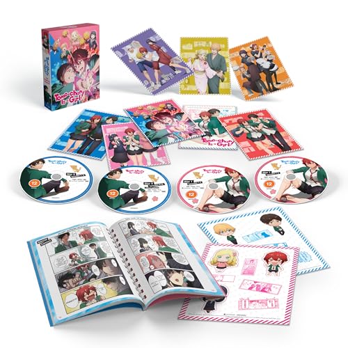 Tomo-chan Is A Girl!" Blu-ray case with discs, art cards, and manga pages.