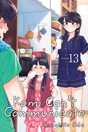 Komi and a young girl drink milk in a kitchen on this manga cover.