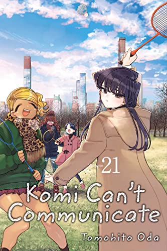 Manga cover showing characters playing badminton in a park with a city skyline background.