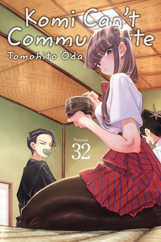 Komi holds a tea bowl while sitting in a room with two other characters.