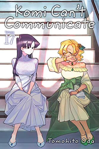 Komi and Manbagi sitting on stairs in formal dresses on manga cover volume 17.