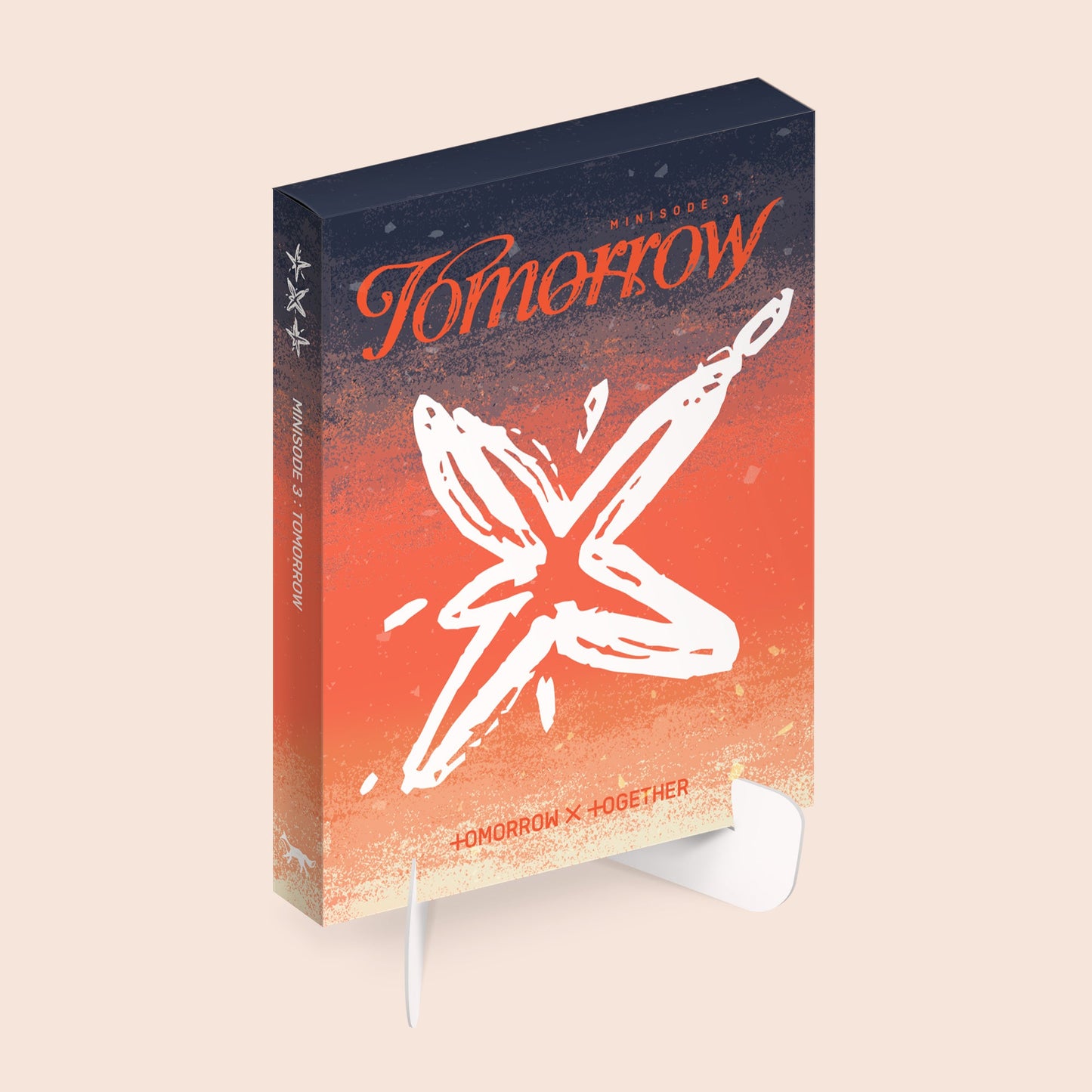 Red and white TXT album cover with a star-like graphic and text.