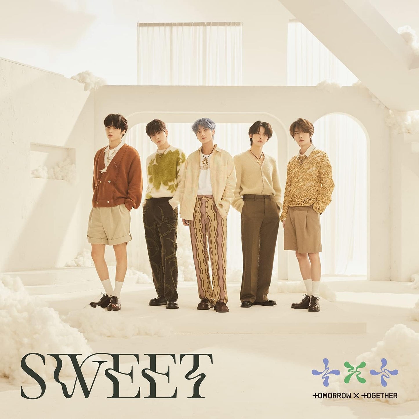 Five young men in stylish clothing stand in an archway, album art.