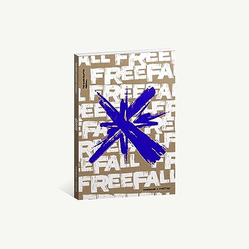 CD case for Tomorrow X Together’s “Freefall” album, with blue and tan design.
