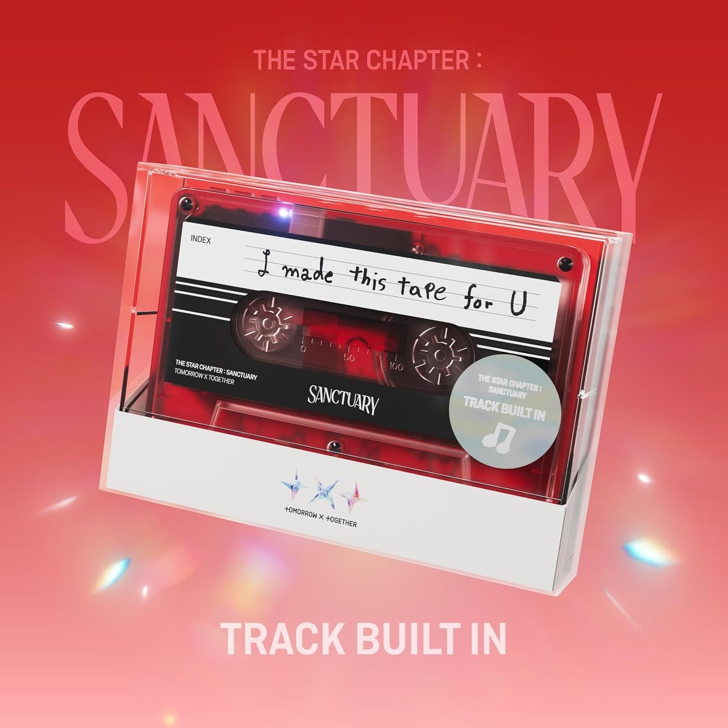 Red cassette tape with white case and tracklist sticker, TOMORROW X TOGETHER album.