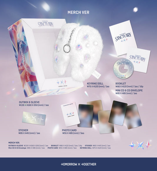 TOMORROW X TOGETHER The Star Chapter: SANCTUARY Merch Ver. contents including box, keyring, and cards.