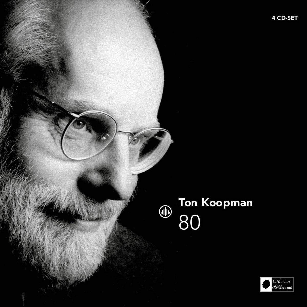 Black and white portrait of Ton Koopman with glasses, album cover for “80”.