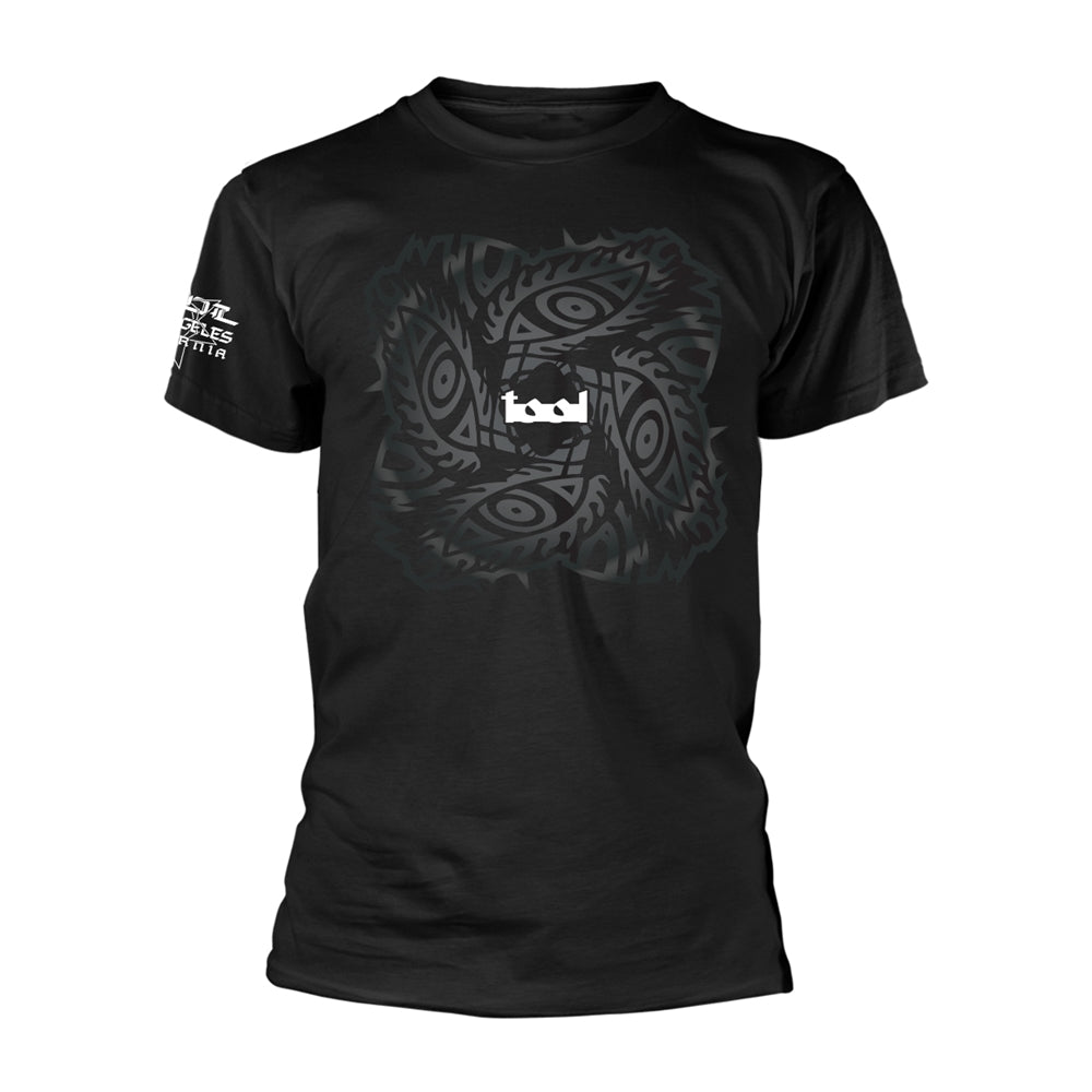 Black T-shirt with a large, stylized white tribal design on the front.
