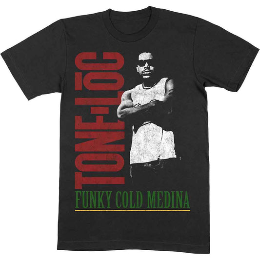 Black t-shirt featuring Tone Loc graphic with red text and Funky Cold Medina lettering.