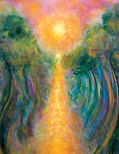 Painted landscape with a bright sunburst between dark, swirling trees.