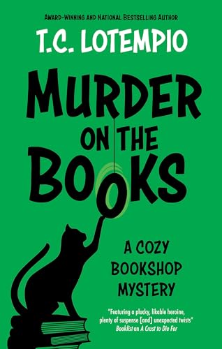 Green book cover with black title, cat, and stacked books illustration.