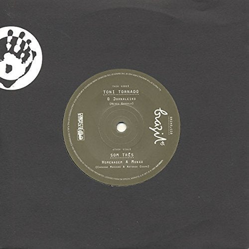 Olive-green vinyl record label with text: Toni Tornado, Som Tres, and artwork.