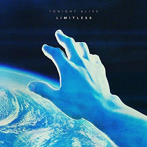 A blue-toned hand reaches toward Earth against a dark space background.