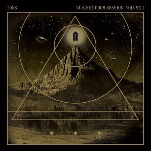 CD cover: mountain landscape within geometric shapes, glowing lights, dark sky.