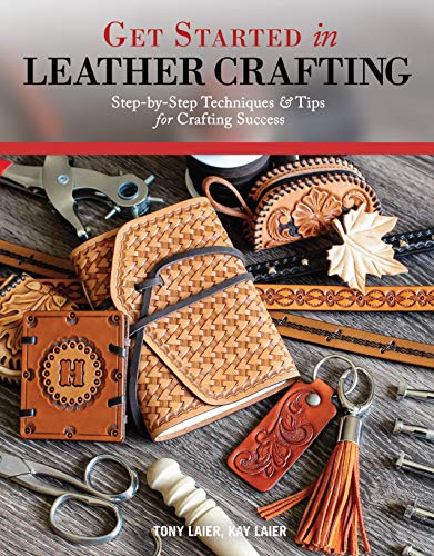Book cover titled Get Started in Leather Crafting featuring leather projects and crafting tools.