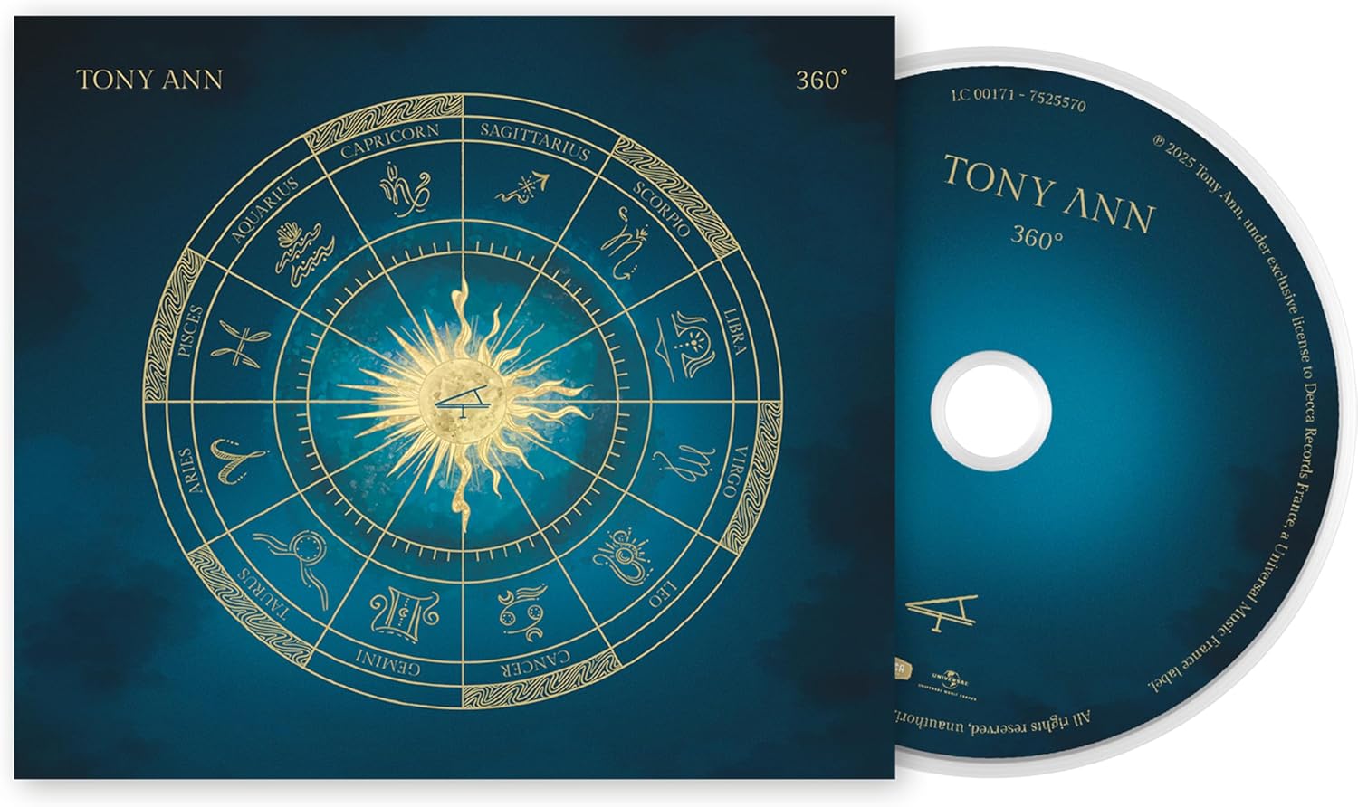 CD cover for Tony Ann’s “360°” featuring zodiac signs and a golden sun.