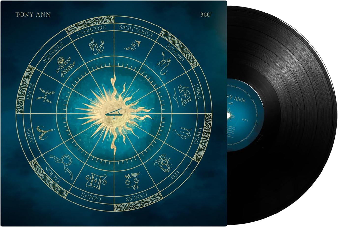 Vinyl record with zodiac wheel cover art and black disc.
