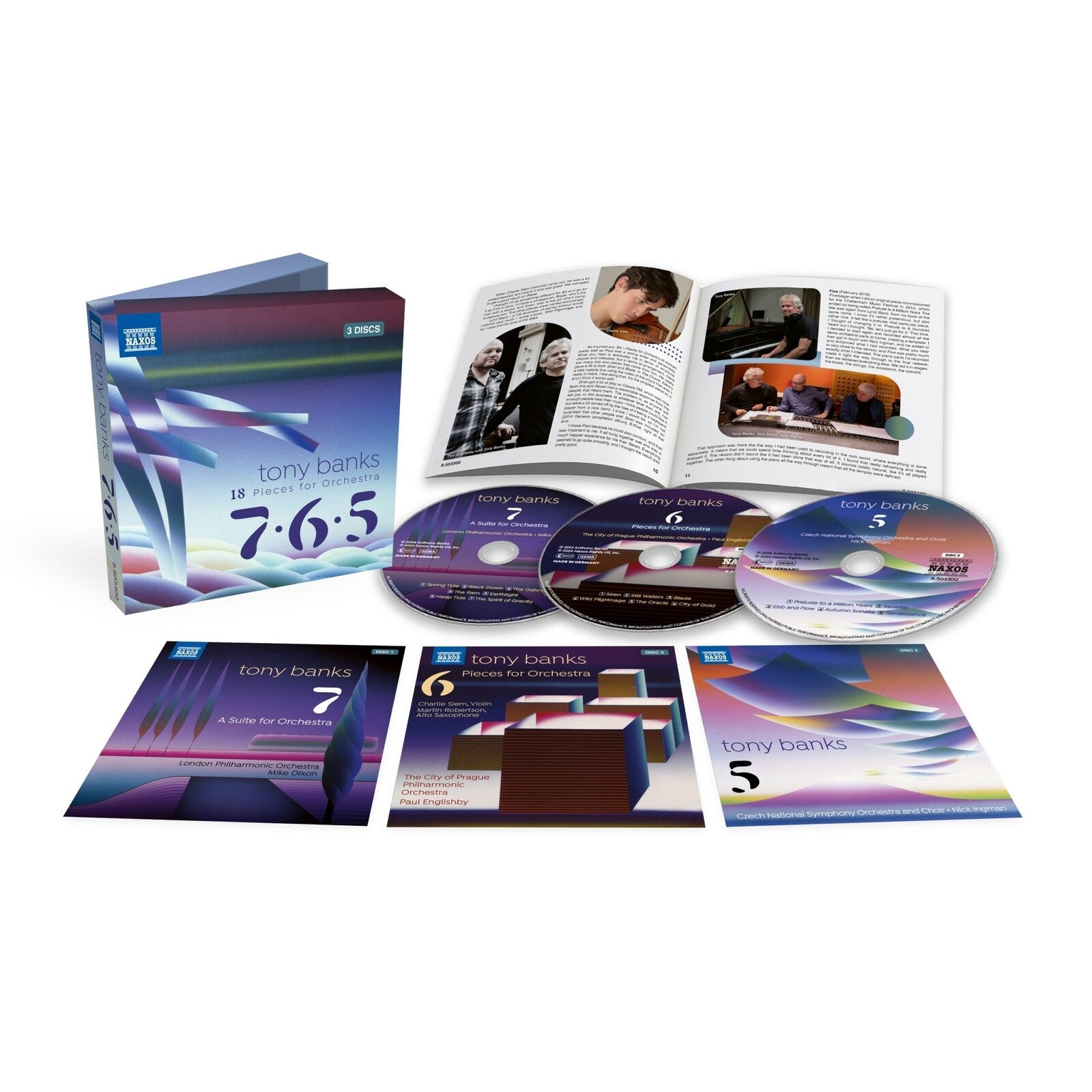 CD packaging for Tony Banks’ “7 • 6 • 5” with orchestral imagery.