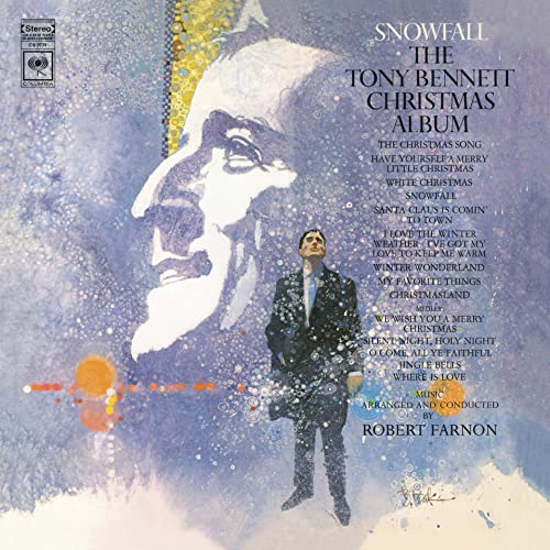 Tony Bennett’s “Snowfall” Christmas album vinyl cover with a portrait and song list.