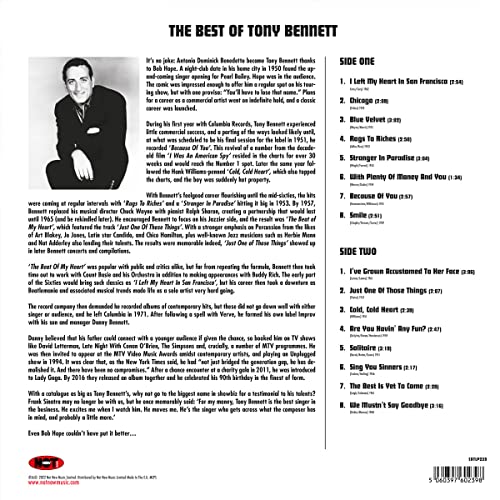 Back cover of The Best of Tony Bennett vinyl featuring biography and tracklist.