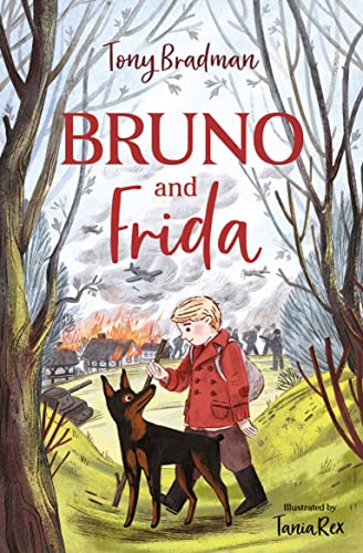 Book cover: boy with dog, wartime landscape, titled "Bruno and Frida".